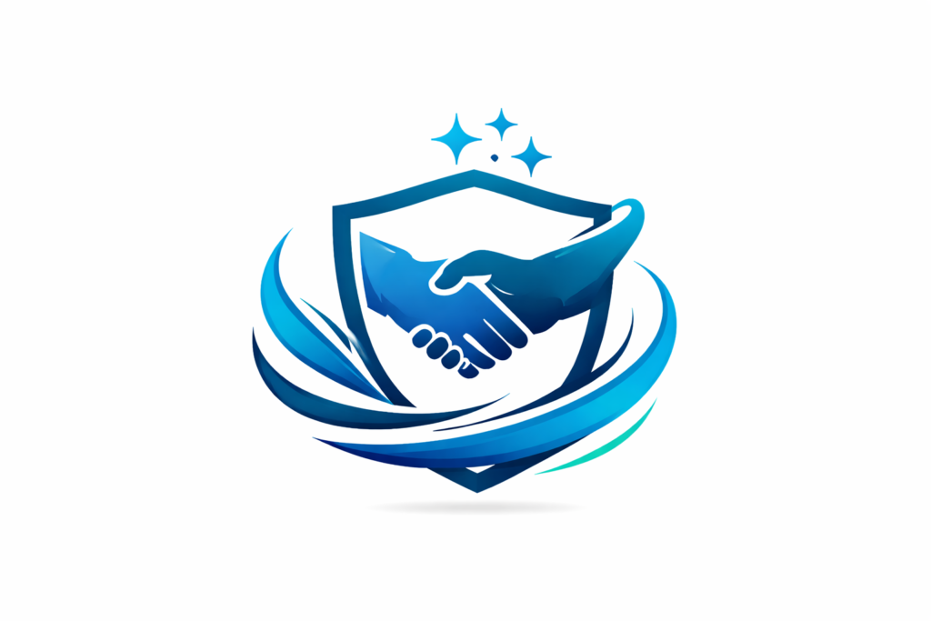 Business partnership concept showing handshake, team unity, and collaboration in a modern circular composition