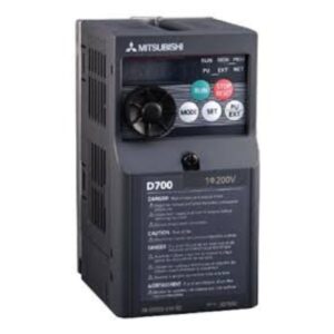 Close-up of a Mitsubishi FR-D700 VFD showing the digital display and control dial for industrial motor speed control