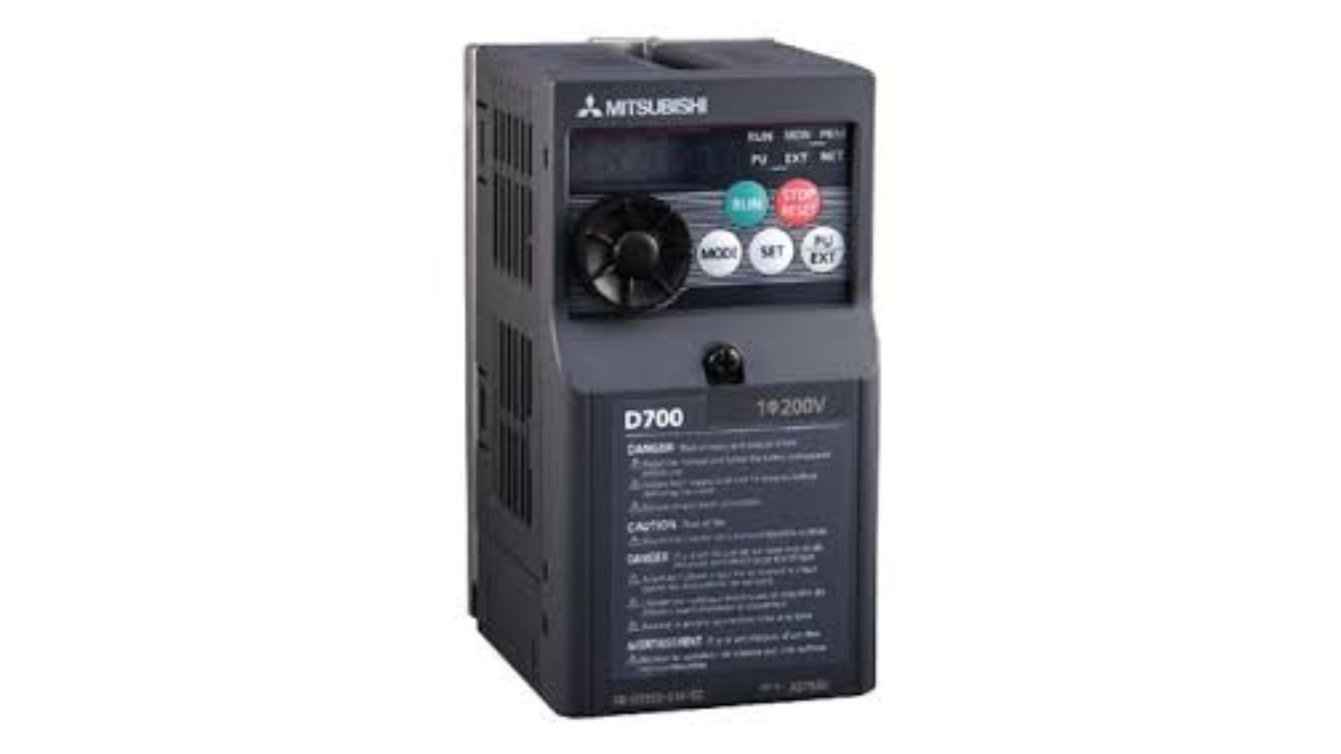 Close-up of a Mitsubishi FR-D700 VFD showing the digital display and control dial for industrial motor speed control