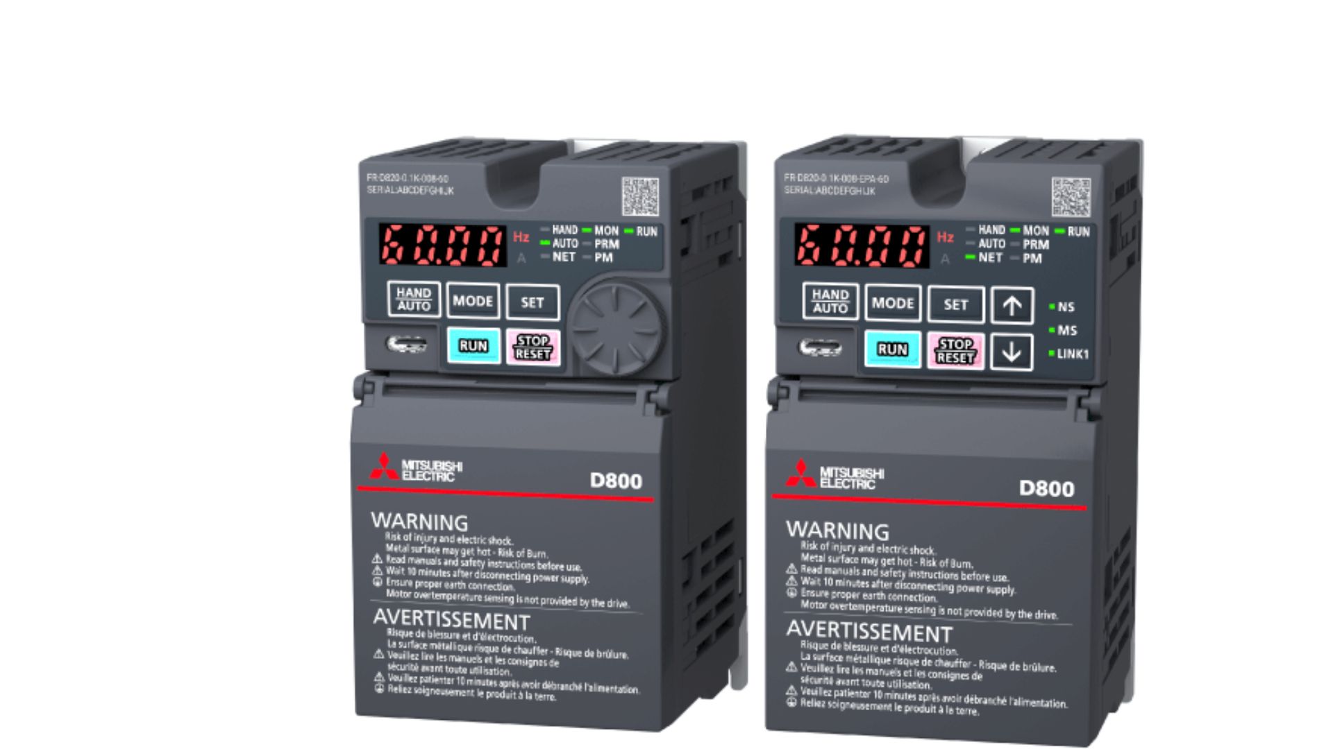 Two Mitsubishi FR-D700 inverters mounted side-by-side with zero clearance in a control cabinet